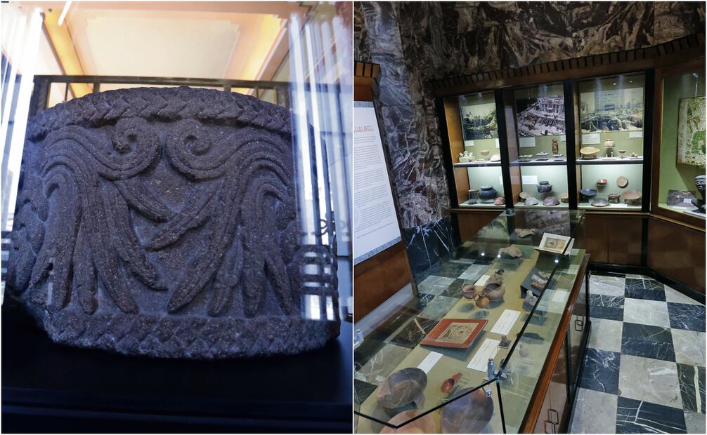 La Cuauhxicalli de Quetzalcóatl o recipiente del águila, que tiene un peso de 700 kilos (izquierda), y diferentes piezas entre cajetes, vasijas, figuras y documentos (derecha). FotoS: Fernanda Rojas / EL UNIVERSAL