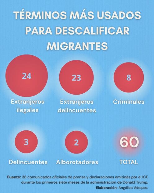 Términos más utilizados para descalificar migrantes, según los 38 comunicados oficiales de prensa y declaraciones emitidas por el ICE durante los primeros siete meses de la administración de Donald Trump.   |  Imagen: Angélica Vázquez.