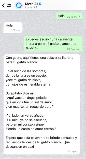 Calaverita literaria con a IA de WhatsApp. Foto: Captura de pantalla