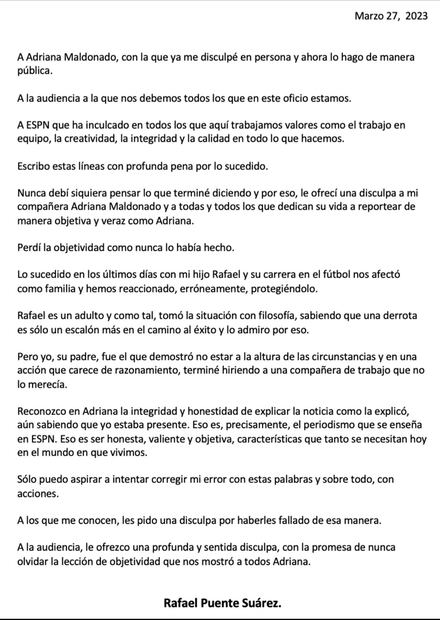 La disculpa de Rafael Puente por insultar a una compañera