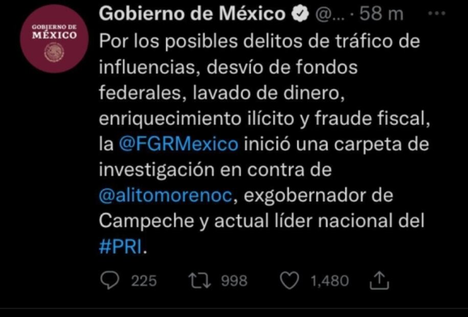 AMLO admite “error” por tuit desde Presidencia sobre investigación de FGR a “Alito”Moreno