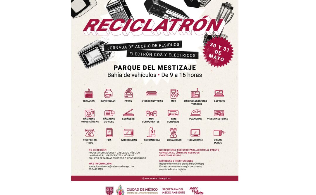 El Reciclatrón se llevará a cabo los próximos 30 y 31 de mayo, en la Bahía de Vehículos del Parque del Mestizaje de la CDMX (28/05/2025). Foto: Especial