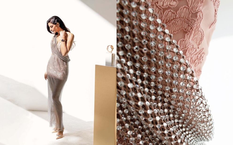 En el vestido de Aislinn Derbez se mezclan cristales y encaje. Foto: Instagram @iann_dey