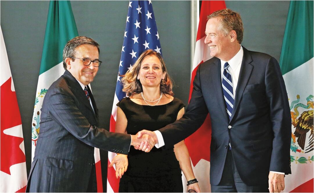Secretario de Economía, Ildefonso Guajardo; canciller canadiense Chrystia Freeland y el representante comercial de EU, Robert Lighthizer (Foto: Reuters)