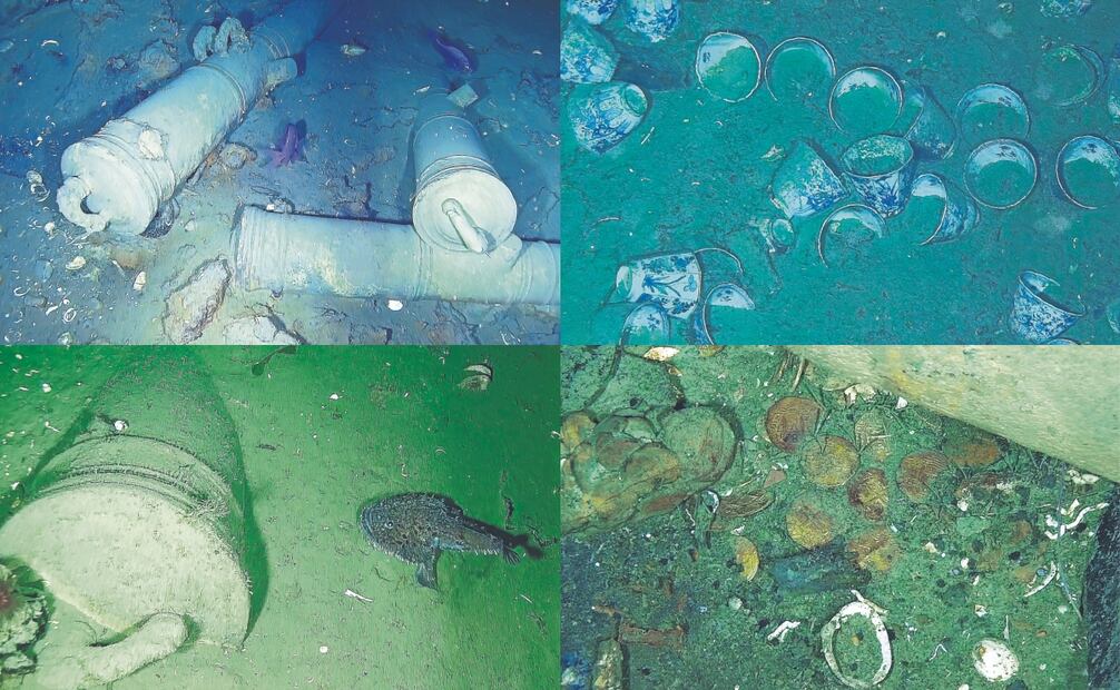 Restos de la nave y de su rico cargamento, que incluía cañones, toneladas de monedas, joyas, lingotes de oro y objetos cotidianos
como botellas y vajillas de porcelana, que quedaron en el fondo del mar desde 1708, cuando corsarios británicos la atacaron. Fotos: Ministerio de las culturas, las artes y los saberes de colombia/ Mauricio Builes, mincultura
