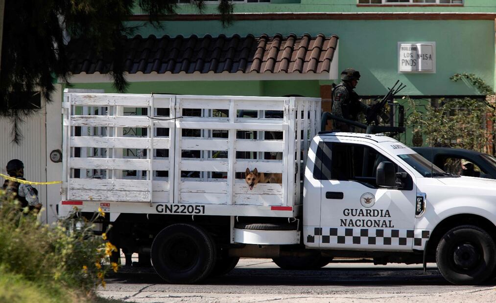 Elementos de la Guardia Nacional y binomios caninos realizan acciones de aseguramiento del perímetro en la zona. Foto: AFP