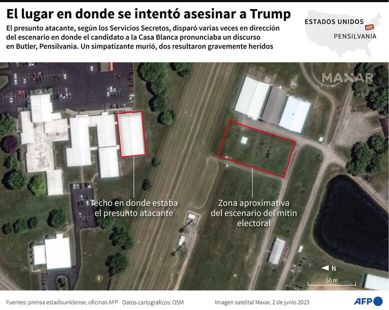 El techo desde donde disparó Thomas Matthew Crooks, un joven de 20 años que quiso matar a Donald Trump. No se encontraba dentro de la zona del mitin, sino afuera. FOTO: AFP
