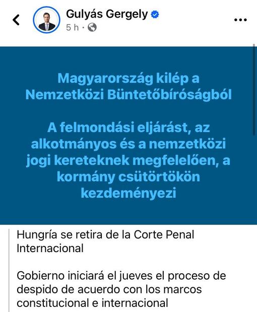 anuncia el retiro de Hungría de la CPI. Foto: captura de pantalla