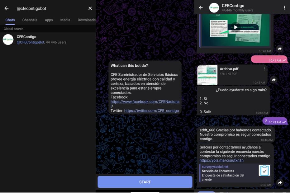 Cómo descargar recibo de la luz con el chatbot de la CFE en Telegram. Foto: Captura de pantalla