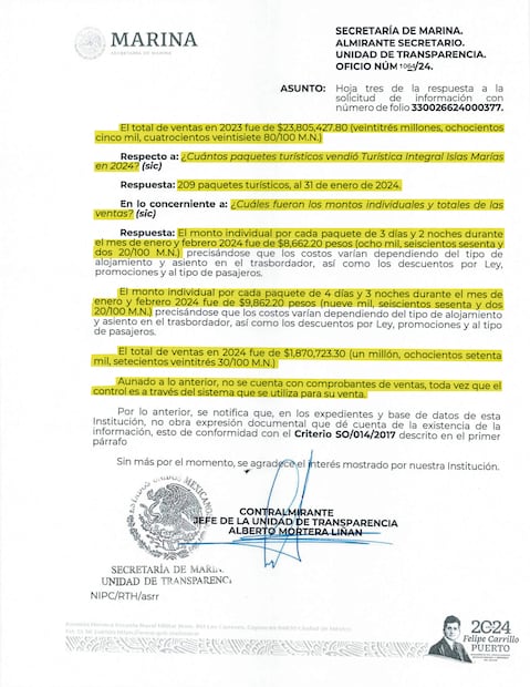 La Secretaría de Marina reporta tener ingresos, por ejemplo, en 2023 por 23 millones 805 mil pesos en paquetes turísticos, pero no
aporta los comprobantes, señala que “no se cuenta con comprobantes de ventas, toda vez que el control es a través del sistema”.