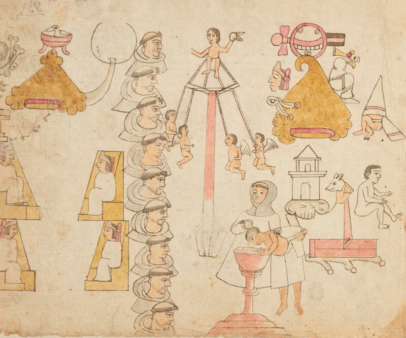 Fragmento del Códice Azcatitlán en el que se representó a los 12 frailes franciscanos que llegaron a la Nueva España en 1524.CORTESÍA DE LA BIBLIOTECA DIGITAL MUNDIAL