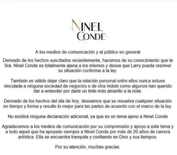 Ninel Conde se "desmarca" de la detención de su esposo Larry Ramos