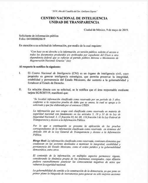 Reservan hasta 2024 archivos del Cisen sobre actuar de Morena