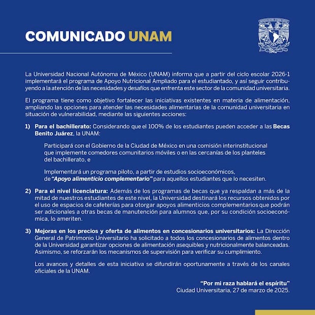 Comunicado de la UNAM. Foto: Captura