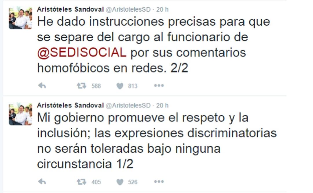 Jalisco Governor Aristóteles Sandoval said he had ordered that the employee be fired and promised that "expressions of discrimination will not be tolerated under any circumstances." (Taken from Twitter @AristotelesSD)