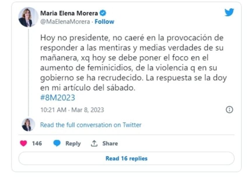 "Hoy no presidente", responde María Elena Morera a AMLO por vincularla con García Luna 