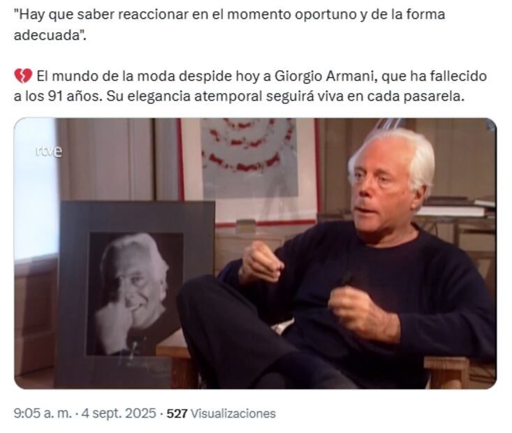 Despiden a Giorgio Armani con las mejores frases e imágenes; usuarios le rinden tributo al diseñador italiano en X