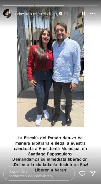 Andrés Manuel López Beltrán acusa que Karen Pérez, candidata morenista en Durango, fue detenida de manera arbitraria; horas después anunció que fue puesta en libertad. Foto: Captura