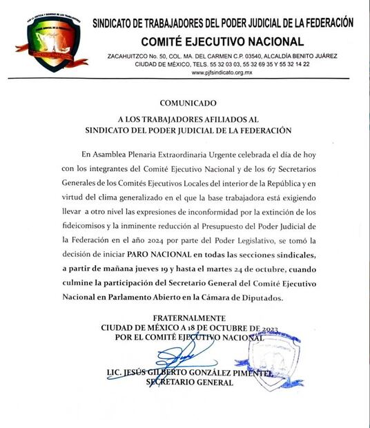 Sindicato del Poder Judicial anuncia paro de labores / Captura de pantalla