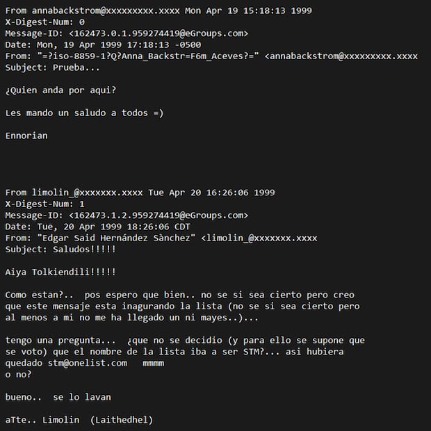 Testigo de las interacciones digitales en que la STMAC fue pionera, estas capturas de pantalla muestran los correos electrónicos con que hacían contacto en 1999. Foto: Sociedad Tolkiendili de México A.C.