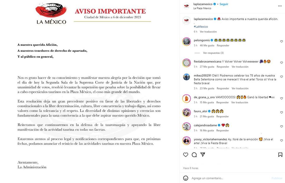 Comunicado Plaza de Toros México. / Foto: captura de pantalla.