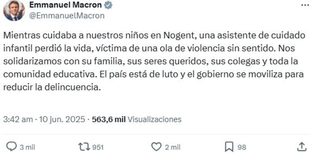 Macron se solidariza con víctima de violencia sin sentido en escuela. Foto: X @EmmanuelMacron