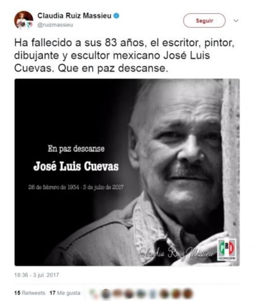 Políticos e intelectuales lamentan muerte de José Luis Cuevas