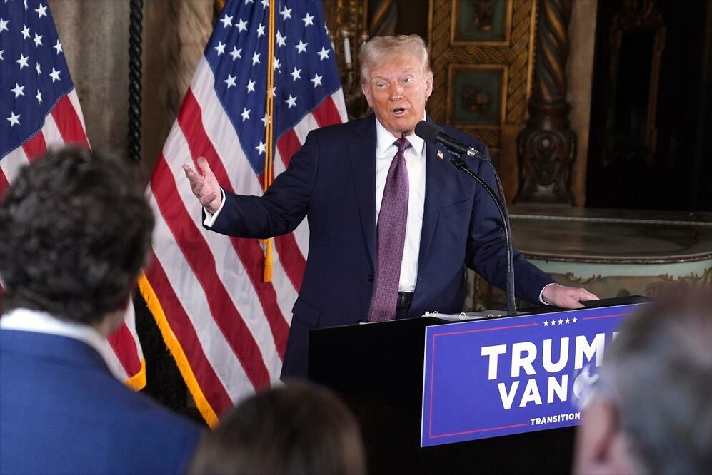 El presidente electo de Estados Unidos, Donald Trump, en su conferencia de prensa de este 7 enero de 2025 en Mar-a-Lago, Florida. EVAN VUCCI. AP