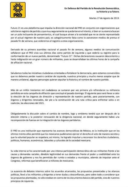 Perredistas se deslindan de ceder registro a Futuro 21