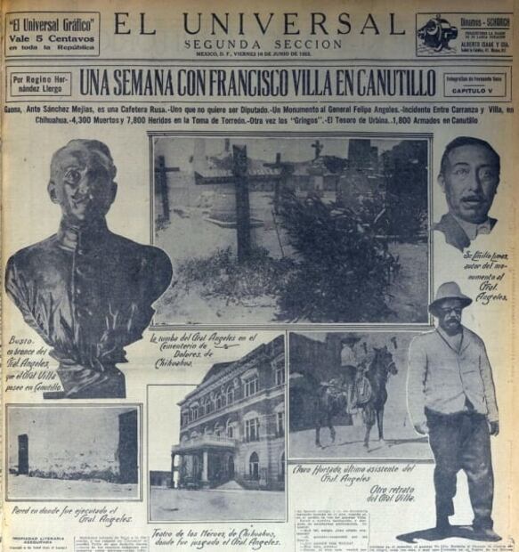 Casi como un tributo a la memoria del general Felipe Ángeles, la quinta entrega de esta entrevista publicó imágenes de la tumba del artillero hidalguense (arriba, centro), el paredón de su fusilamiento (abajo, izq.) y el teatro (abajo, centro) en que tuvo lugar su Consejo de Guerra. Hemeroteca EL UNIVERSAL.