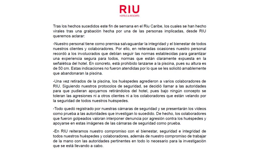 Hotel Riu Caribe niega actos de discriminación en Cancún (29/01/2025). Foto: Especial