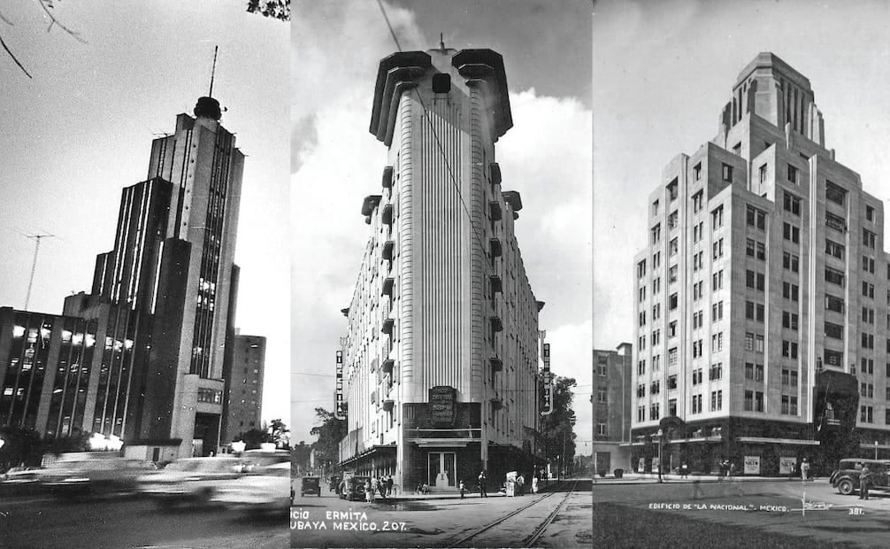 En CDMX, edificios como "El Moro" (izq.) y "La Nacional" (der.) también tienen diseños inspirados en los zigurats, mientras que el "Ermita" (centro) se inclinó por las líneas verticales, también distintivas del art déco. Archivo EL UNIVERSAL/Colección Villasana.