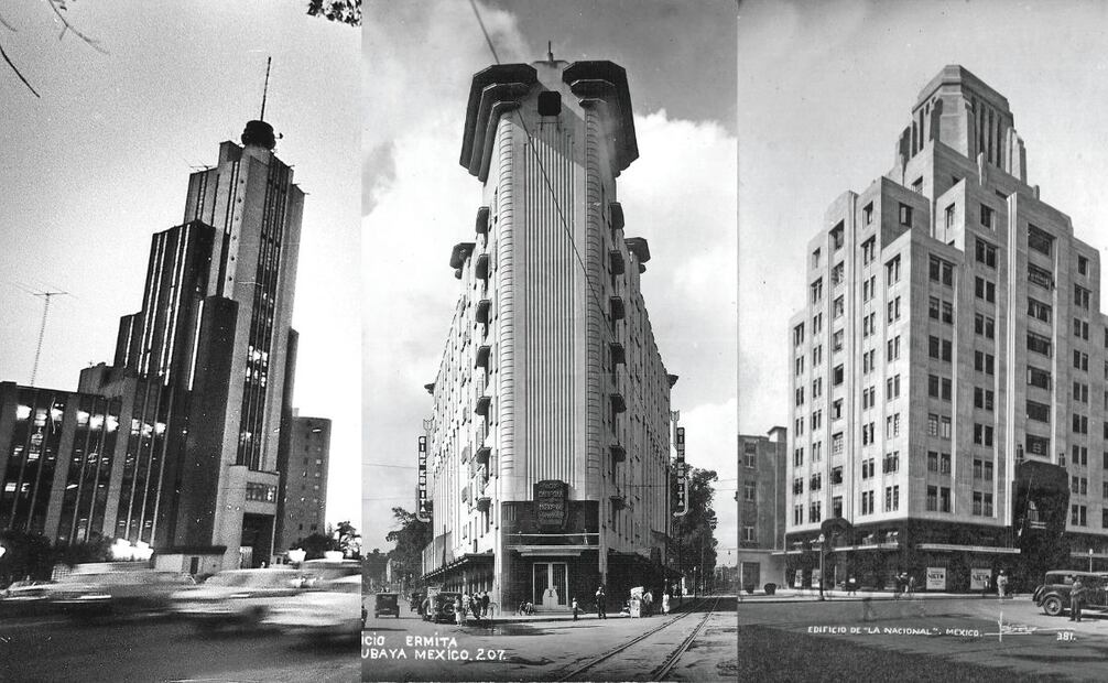 En CDMX, edificios como "El Moro" (izq.) y "La Nacional" (der.) también tienen diseños inspirados en los zigurats, mientras que el "Ermita" (centro) se inclinó por las líneas verticales, también distintivas del art déco. Archivo EL UNIVERSAL/Colección Villasana.
