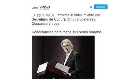 Conade, de luto por la muerte de Rafael Tovar y de Teresa