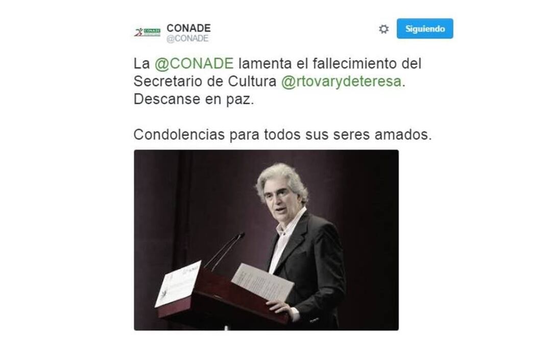 Conade, de luto por la muerte de Rafael Tovar y de Teresa