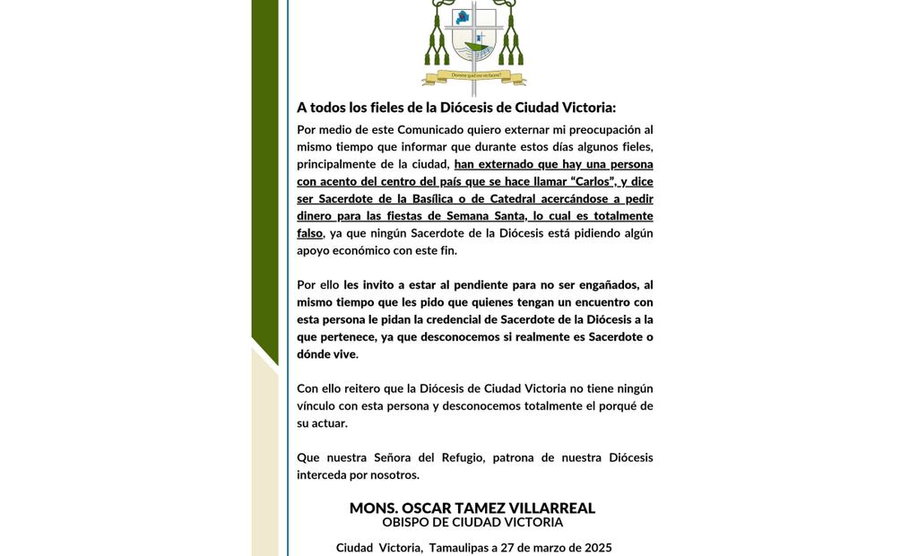 Obispo alerta por falso sacerdote que pide dinero en Diócesis de Ciudad Victoria, Tamaulipas (27/03/2025). Foto: Especial