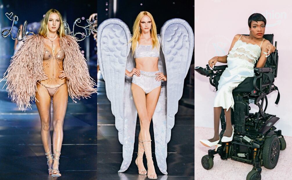 Lila Moss apareció con un look
rosa empolvado de dos piezas. Alex Consani apareció con unas enormes alas blancas. Aaron Rose Philip, persona
con discapacidad y transgénero. Fotos: AP y AFP