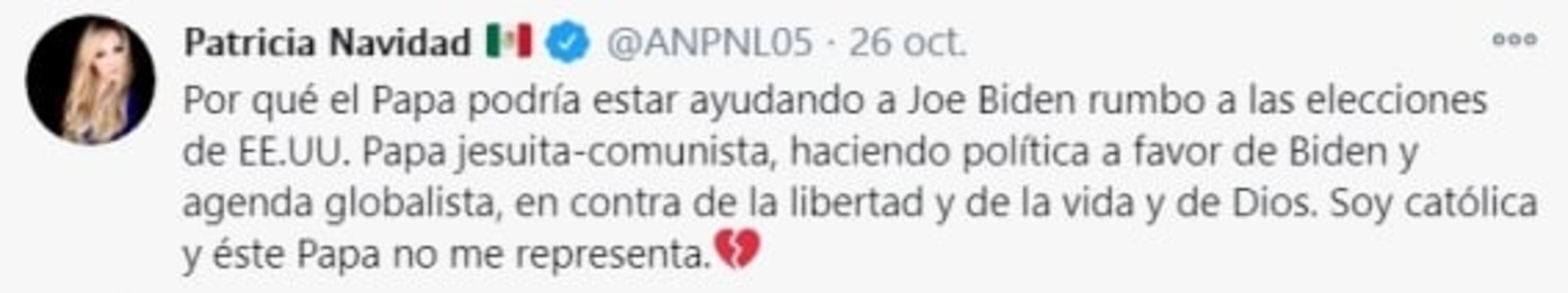Paty Navidad llama "comunista" y "manipulador" al Papa Francisco por Joe Biden