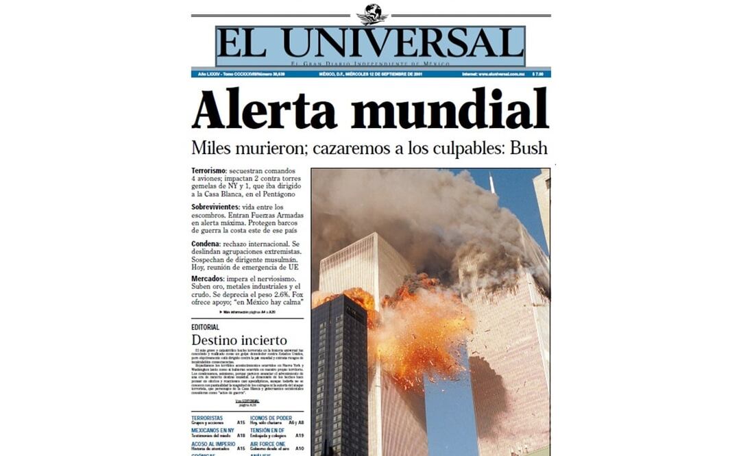 Portada de la edición del 12 de septiembre de 2001 de EL UNIVERSAL. Imagen: Hemeroteca El Universal