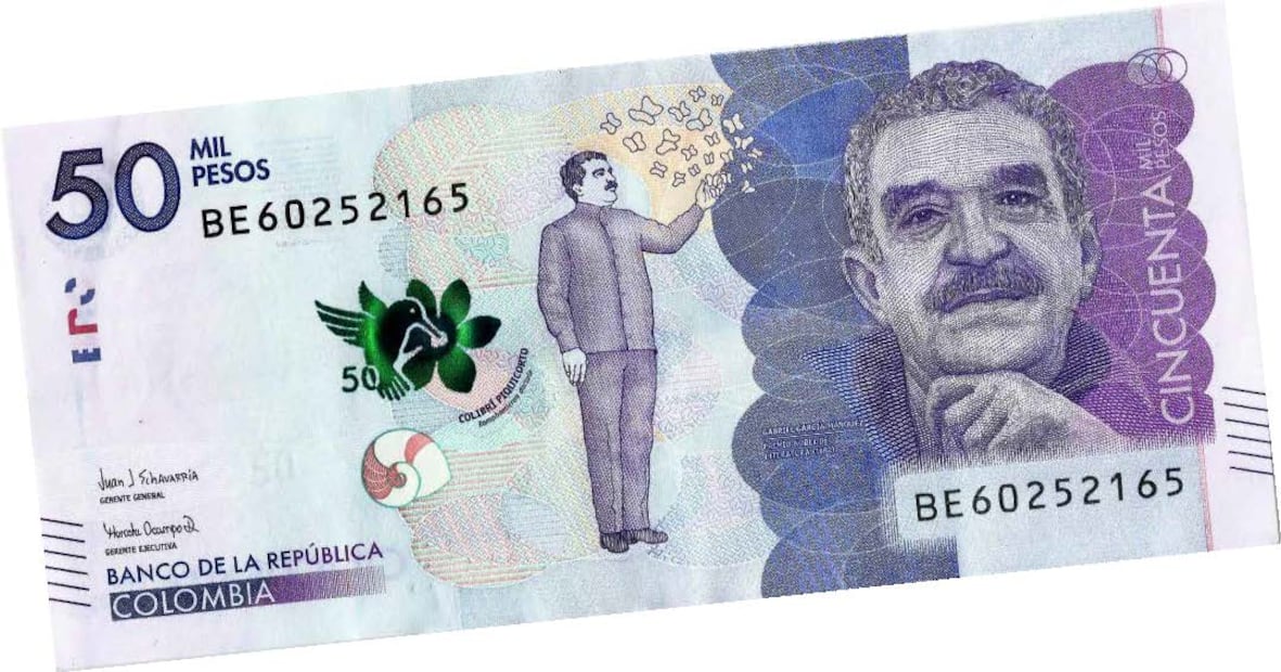 Billete de 50 mil pesos colombianos en conmemoración a la trayectoria de Gabriel García Márquez. /Cortesía Dimitris Yeros
