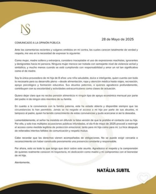 La modelo brasileña respondió a su ex con un comunicado. Foto: Instagram.