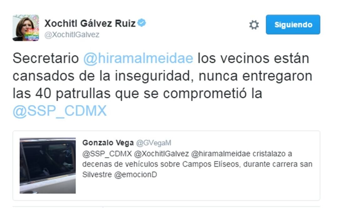 En su cuenta de Twitter, la delegada Xochitl Gálvez, compartió el tuit de un usuario que fotografió un auto atacado. (Foto: Captura de Twitter @XochitlGalvez)