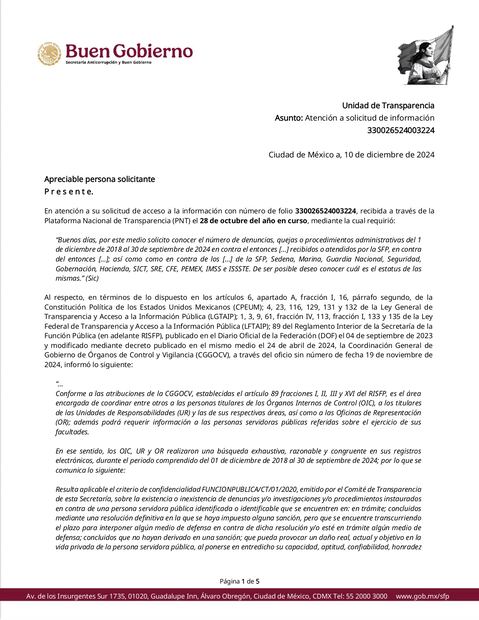 Respuesta de la Secretaría Anticorrupción y de Buen Gobierno.