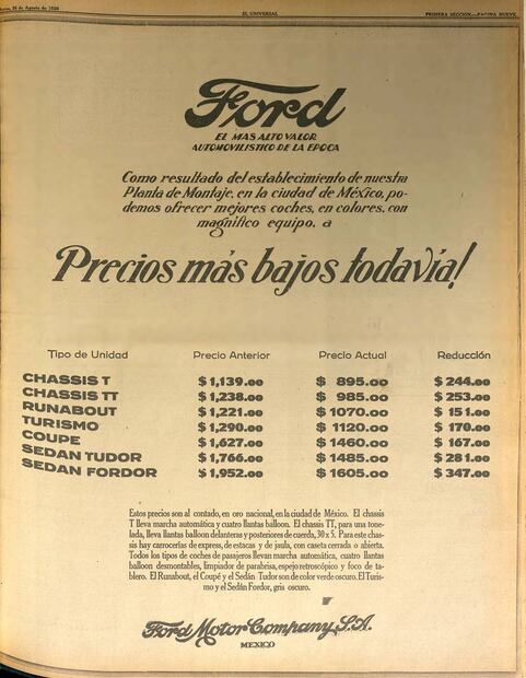 Según la publicidad de 1926, establecer la primera “Planta de Montaje” de Ford en esta capital permitió que la compañía ofreciera más modelos de autos, en nuevos colores y a precios más accesibles. Hemeroteca EL UNIVERSAL.