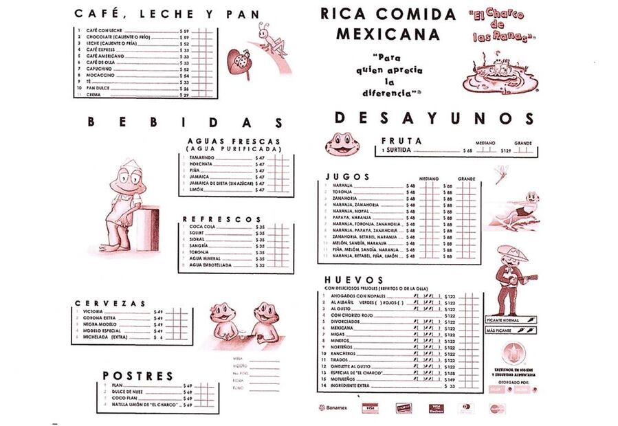 El menú del restaurante tiene dibujos alusivos a su nombre, cada página está acompañada de ranas junto con la lista de alimentos y precios. Foto: Sitio web El Charco de las Ranas/ Especial.