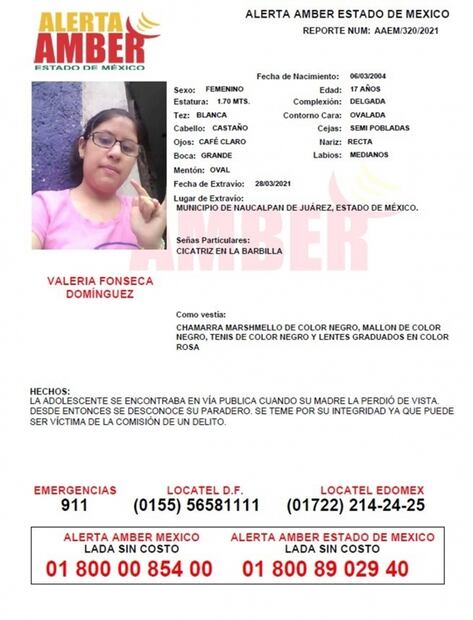 Activan Alerta Amber para localizar a Valeria Fonseca, menor desaparecida en Naucalpan