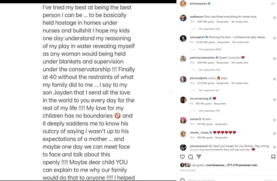 Britney Spears responde a sus hijos con conmovedora carta: "Ayudé a su padre, que no ha tenido trabajo en 15 años"