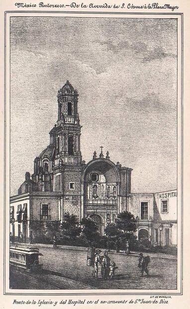 Ilustración tomada del libro “México Pintoresco” de Manuel Rivera. Destaca el templo San Juan de Dios, mientras el hospital se encuentra a un lado de la construcción. La distribución no cambió, y el actual Museo Franz Mayer permanece cerca de la iglesia. Foto: ESPECIAL/Tomada “México Pintoresco”