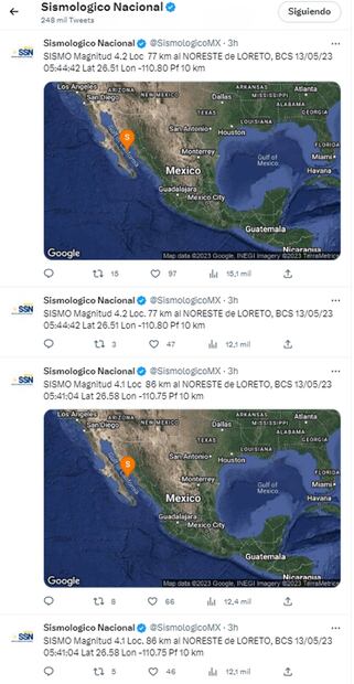 Sismos en Loreto, Baja California Sur. Foto: @SismologicoMX