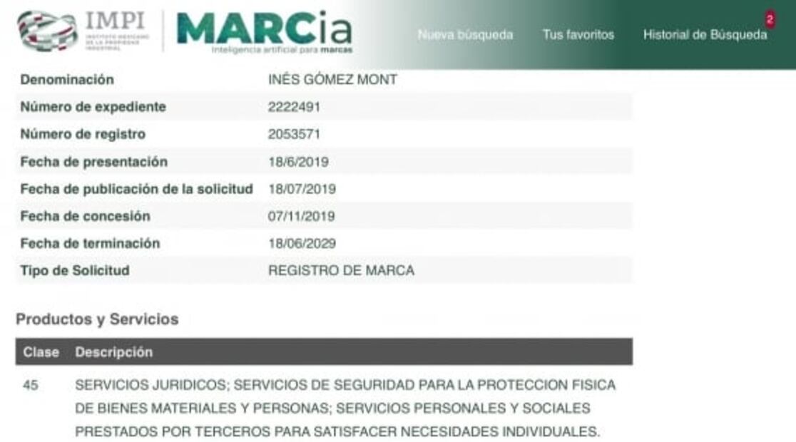 Inés Gómez Mont registró su nombre y marca para comercializar joyas y ofrecer servicios jurídicos